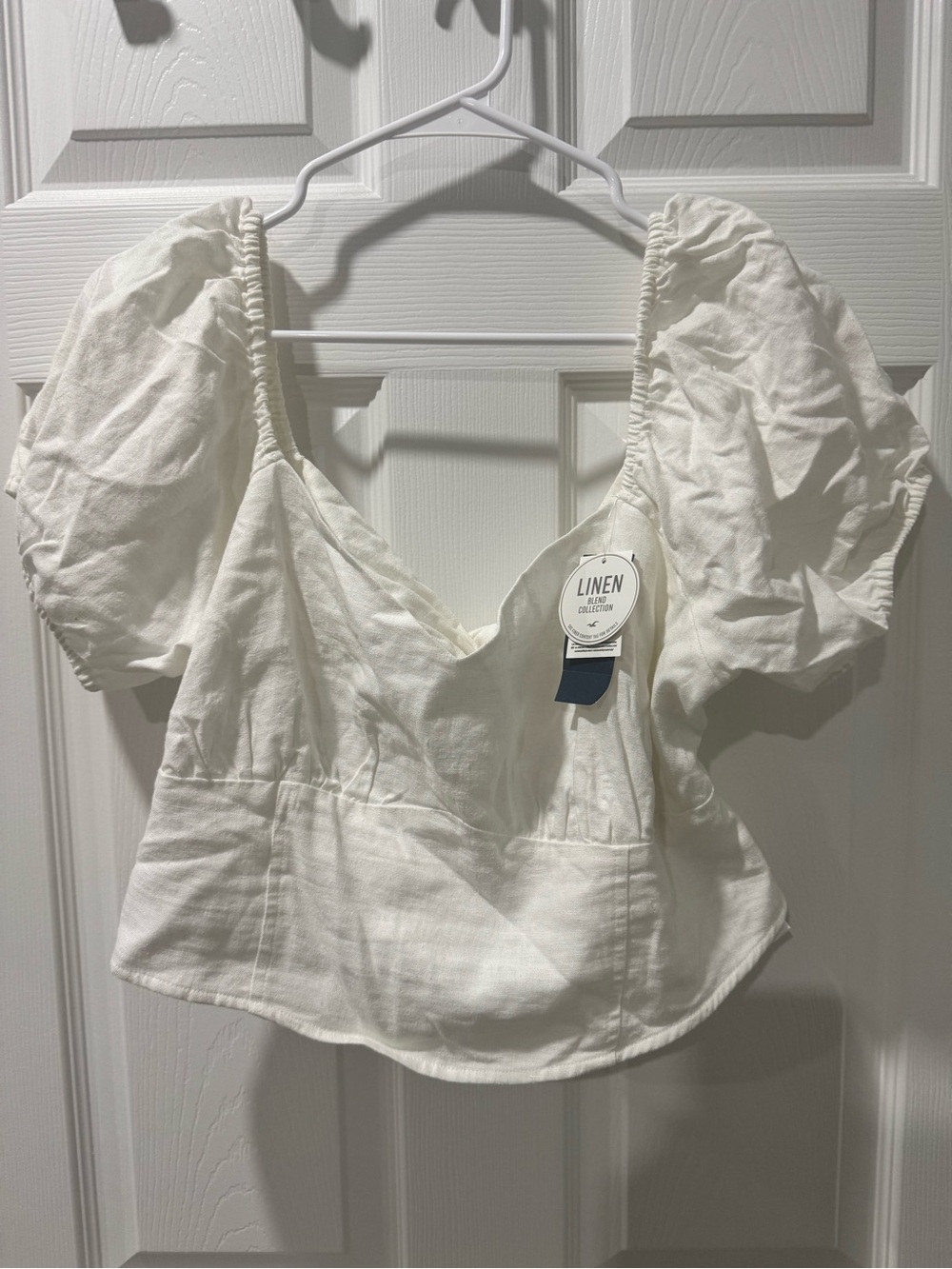 Hollister Linen Blend White Puff-Sleeve Crop Top